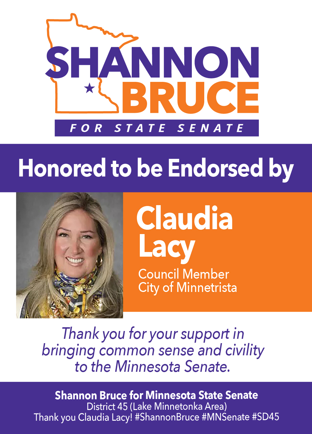 Claudia Lacy, Council member, City of Minnetrista