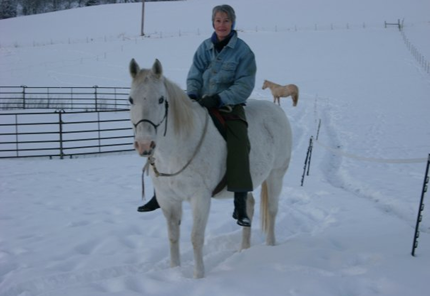 Shannon Bruce riding a white horse through a snowy field, with a fenced area in the background and a small animal on the hillside behind them