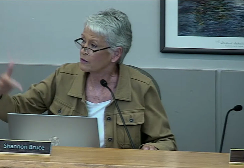 Shannon Bruce speaks at a desk.